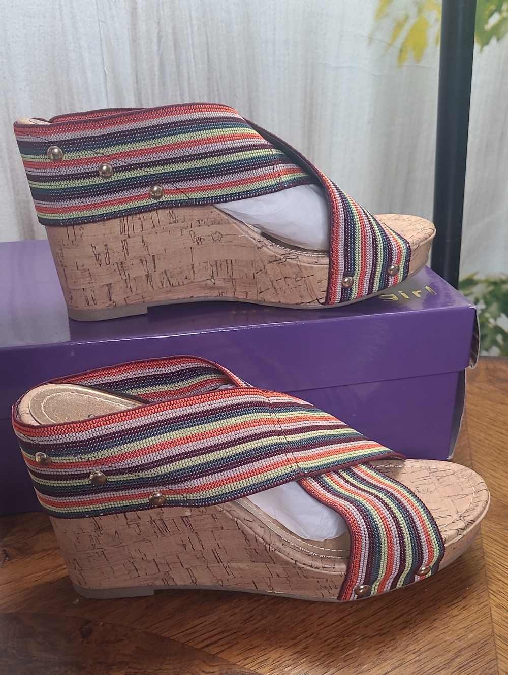 New! Madden Girl Nautic Womens 7 colorful striped platform cork wedge sandals